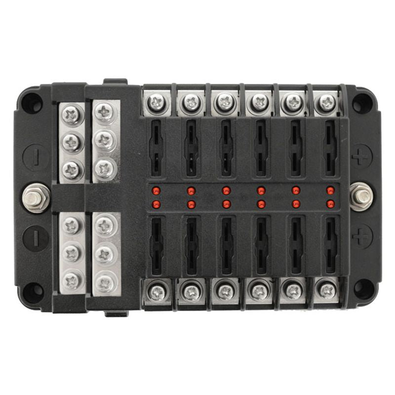 FUSE BLOCK 12 WAY ATS FUSE NEGATIVE BUS BAR & RED LED FUSE BLOWN LED ON